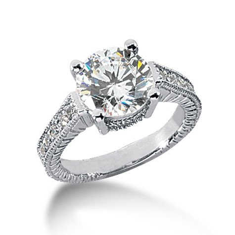 Claudine 2.5 carat round lab grown diamond quality cubic zirconia pave engraved solitaire engagement ring in 14k white gold.