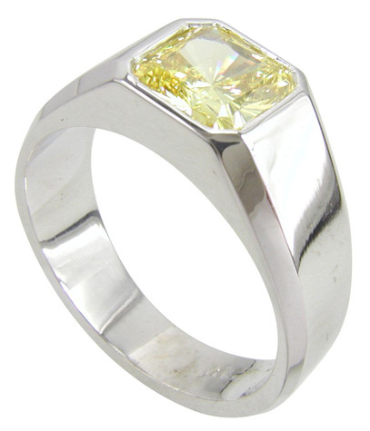 Valentino 5.5 Carat Bezel Set Princess Cut Mens Ring with canary lab grown diamond look cubic zirconia in 14k white gold.