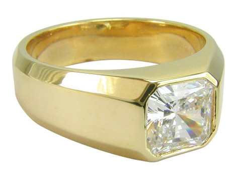 Valentino 1.5 Carat Bezel Set Princess Cut Mens Ring with lab grown diamond simulant cubic zirconia in 14k yellow gold.