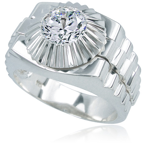 Presidential Round Ribbed Bezel Set Men's Ring with lab grown diamond quality cubic zirconia in 14k white gold.