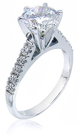 Round 1.5 Carat Cathedral Pave Solitaire with lab grown diamond look cubic zirconia in 14k white gold.
