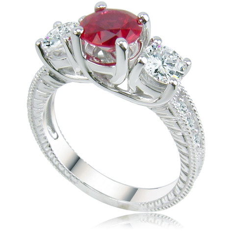 Finley 1 carat lab grown diamond alternative cubic zirconia round man made ruby engraved three stone ring in 14k gold.