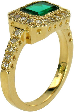 Gervase 1.5 carat emerald cut laboratory grown diamond simulant cubic zirconia horizontal halo engagement ring in 14k yellow gold.