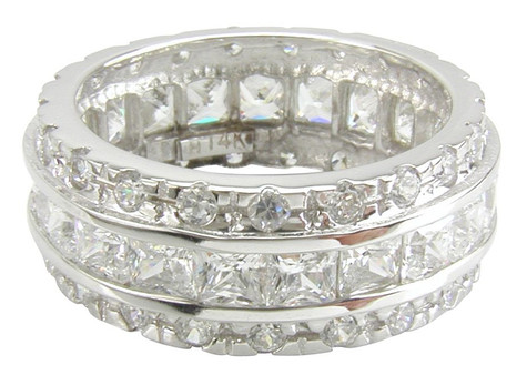 Princess cut and round laboratory grown diamond simulant cubic zirconia channel set eternity band in platinum.