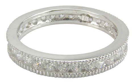 Milgrain channel set round lab diamond alternative cubic zirconia eternity band in 14k white gold.