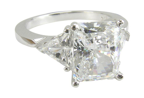 Vitari 4 carat radiant emerald cut with trillions lab grown diamond alternative cubic zirconia three stone engagement ring in 14k white gold.