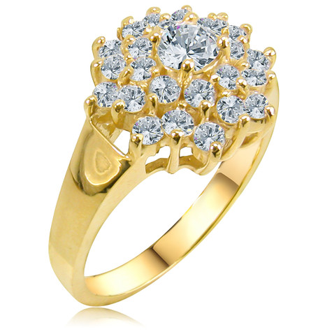 Twinkle round laboratory grown diamond simulant cubic zirconia cluster ring in 14k white gold and 14k yellow gold.