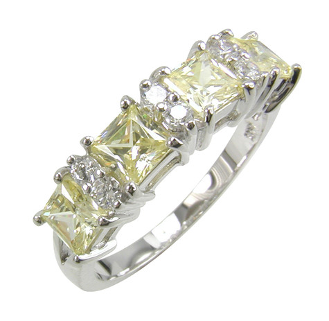 Promenade princess cut and round lab grown diamond simulant cubic zirconia canary anniversary band in 14k white gold.