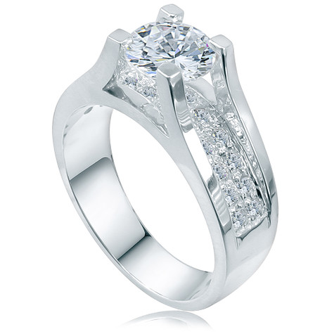 Suspended 1 carat round laboratory grown diamond look cubic zirconia pave engagement ring in 14k white gold.