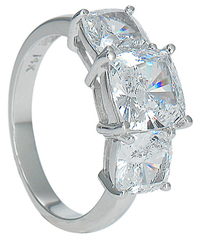 Trio three stone 2.5 carat cushion cut square lab grown diamond look cubic zirconia ring in 14k white gold.