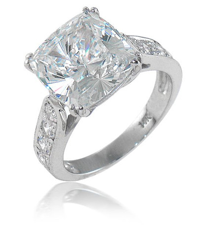 Winston 5.5 carat cushion cut cathedral lab grown diamond quality cubic zirconia pave solitaire engagement ring in platinum.