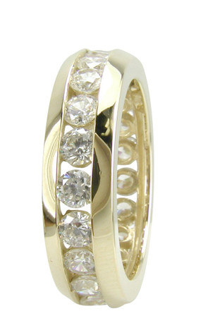 Unisex channel set lab grown diamond alternative cubic zirconia round eternity wedding band in 14k yellow gold.