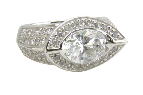 Noveek 1.5 carat horizontal oval laboratory grown diamond simulant pave halo solitaire ring in platinum.