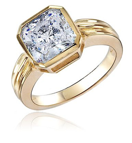 Octagonal 2 Carat Eight Sided Ribbed Engagement Ring with lab grown diamond alternative cubic zirconia in 14k yellow gold.