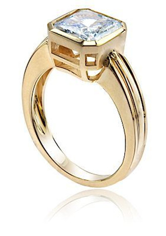 Octagonal 2 Carat Eight Sided Ribbed Solitaire with laboratory grown diamond alternative cubic zirconia in 14k yellow gold.