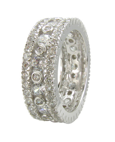 Round bezel, prong and pave set lab grown diamond simulant cubic zirconia eternity band in 14k white gold.