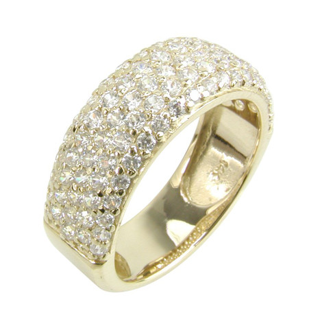 Micro pave set round lab grown diamond simulant cubic zirconia anniversary band in 14k yellow gold.