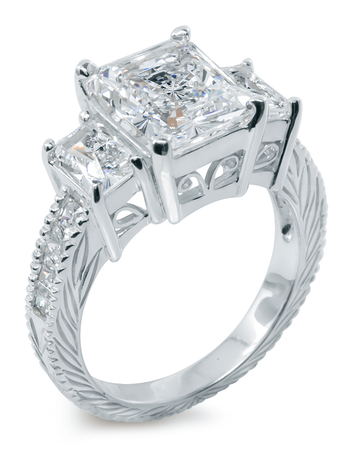 Esmeralde 4 carat emerald cut lab grown diamond alternative cubic zirconia three stone antique engraved solitaire in 14k white gold.