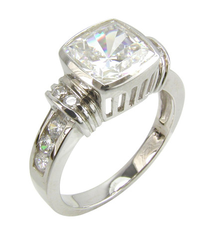 Cushing 2.5 carat bezel set cushion cut laboratory grown diamond alternative square engagement ring in 14k white gold.