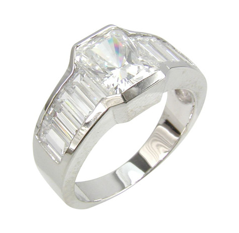 Sorrano 1.5 carat emerald radiant cut laboratory grown diamond alternative semi bezel set baguette engagement ring in 14k white gold.