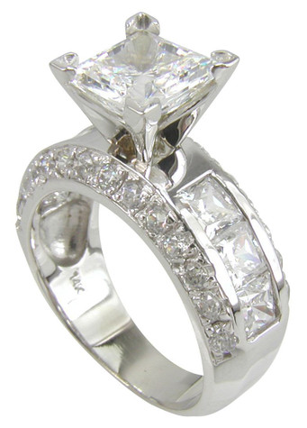 Round 1.5 Carat Channel Set Princess Cut Pave Engagement Ring with lab grown diamond quality cubic zirconia in platinum.