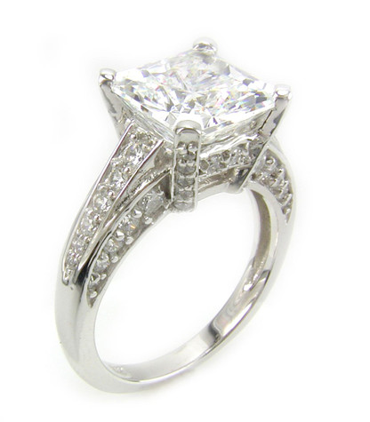 Princess cut square lab grown diamond simulant cubic zirconia 4 carat pave encrusted engagement ring in 14k white gold.