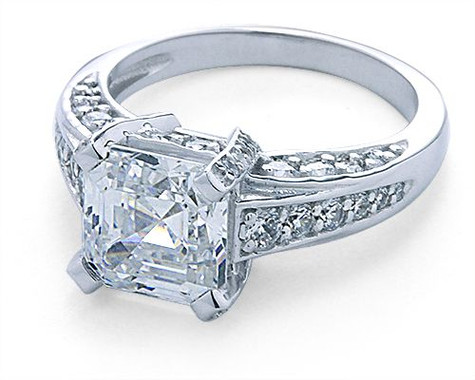 Asscher Cut 2.5 Carat Cathedral Pave Solitaire Engagement Ring with lab grown diamond simulant cubic zirconia in platinum.