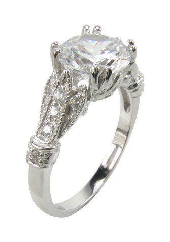 Round 2 Carat Pave Solitaire Engagement Ring with lab grown diamond look cubic zirconia in 14k white gold.