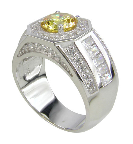 Grandeur Round, Pave and Emerald Cut Channel Set Men's Ring with canary lab grown diamond alternative cubic zirconia in platinum.