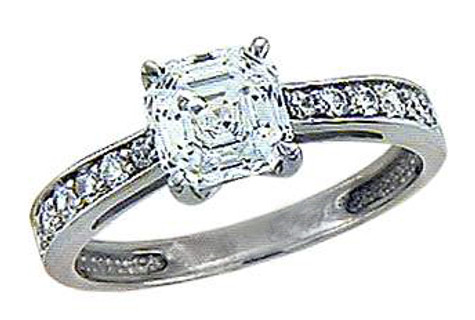 Asscher Petite 2.5 carat 8mm lab grown diamond simulant cubic zirconia pave solitaire engagement ring in 14k white gold.