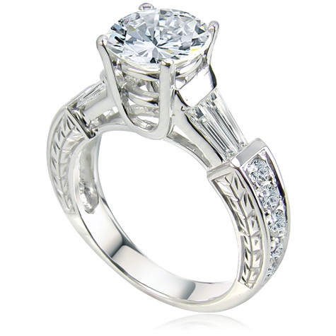 Engraved 1.5 carat round lab grown diamond look cubic zirconia channel set baguette and pave solitaire engagement ring 14k white gold.