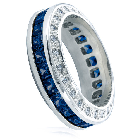 Channel set princess cut and pave set round lab created sapphire and diamond look cubic zirconia eternity band in 14k white gold.