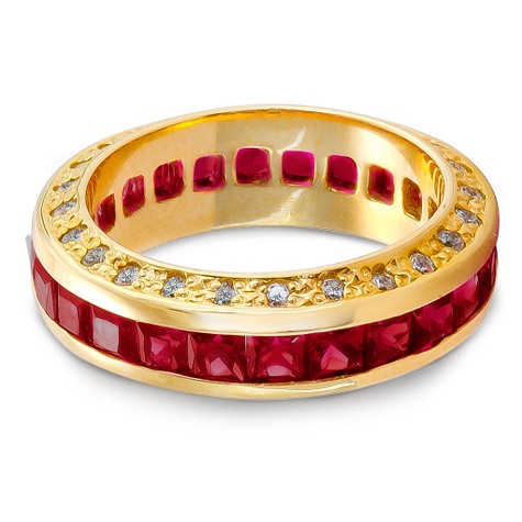 Channel set princess cut and pave set round lab created ruby and diamond look cubic zirconia eternity band in 14k yellow gold.