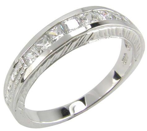 Estate Style Channel Set Princess Cut Cubic Zirconia Engraved Anniversary Band