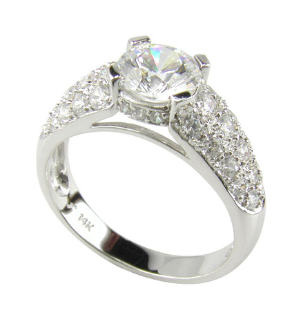 Panther 1 Carat Round Cathedral Pave Engagement Ring with lab grown diamond simulant cubic zirconia in 14k white gold.