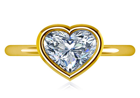 Bezellia 2 carat heart lab grown diamond simulant cubic zirconia bezel set solitaire engagement ring in 14k yellow gold.
