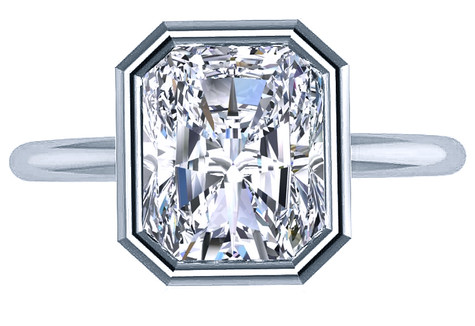 Bezellia 2.5 carat emerald radiant cut lab grown diamond look cubic zirconia bezel set solitaire engagement ring in 14k white gold.