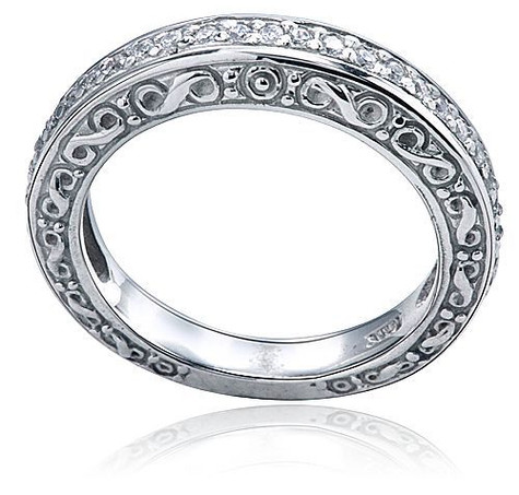 Eliza pave Russian formula lab grown diamond quality cubic zirconia antique engraved wedding band in platinum.