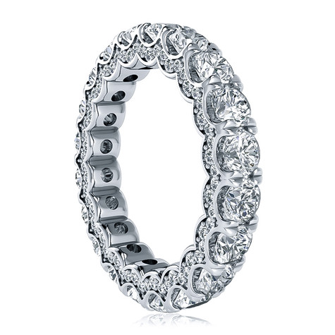 Supreme U shaped round shared prong set micro pave lab grown diamond simulant cubic zirconia eternity band in platinum.