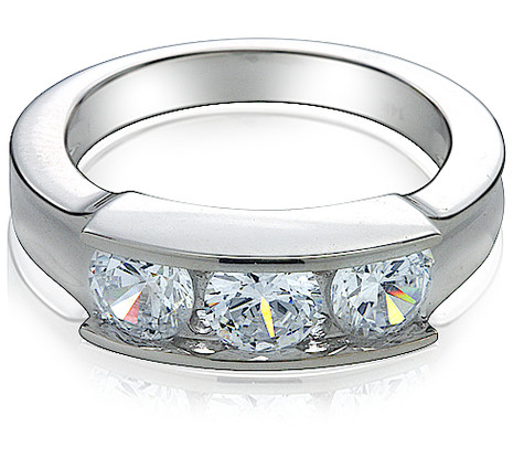 Three stone round laboratory grown diamond look cubic zirconia channel set anniversary band in 14k white gold.