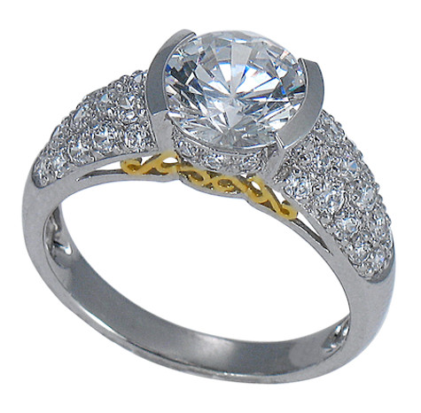 Round 2 carat 8mm semi bezel set laboratory grown diamond look cubic zirconia with pave set rounds in 14k white gold.