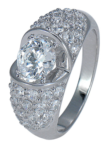 Round 1 carat diamond look pave encrusted lab grown diamond alternative cubic zirconia dome ring in 14k white gold.