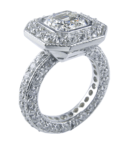 Asscher cut 2.5 carat bezel set lab grown diamond simulant cubic zirconia pave round halo engagement ring in 18k white gold.