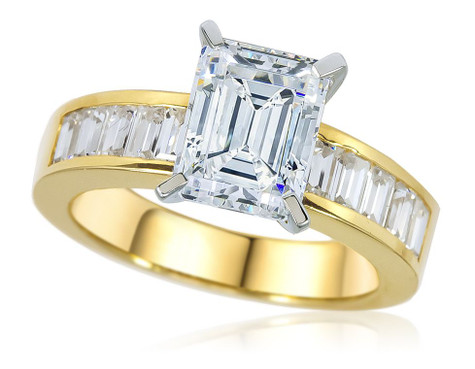 Emerald step cut 2.5 carat lab grown diamond alternative cubic zirconia baguette solitaire engagement ring 14k yellow gold engagement ring.