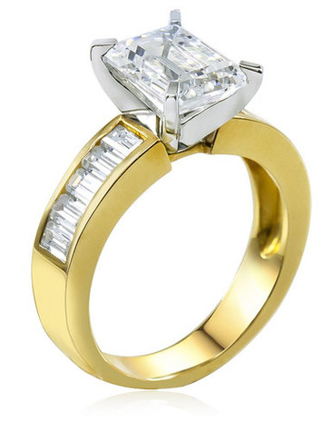 Emerald Step Cut 1.5 Carat Channel Set Baguette Solitaire with lab grown diamond simulant cubic zirconia in 14k yellow gold.