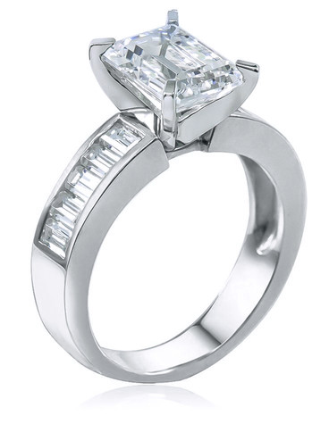 Emerald Step Cut 1.5 Carat Channel Set Baguette Solitaire with lab grown diamond look  cubic zirconia in 14k white gold.