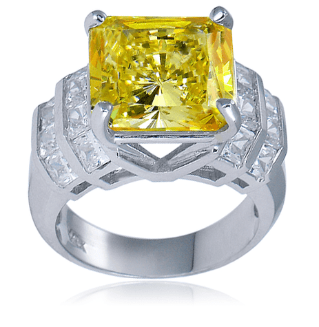 Paraisso 8.5 carat princess cut canary center and channel set lab grown diamond simulant cubic zirconia ring in 14k white gold.