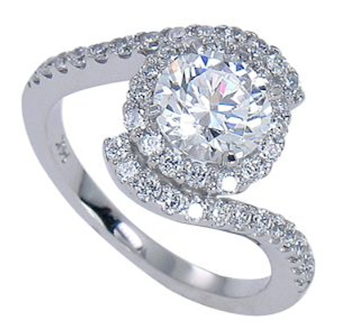 Madeleine 1 carat round lab grown diamond alternative cubic zirconia micro pave halo bypass solitaire engagement ring in 14k white gold.