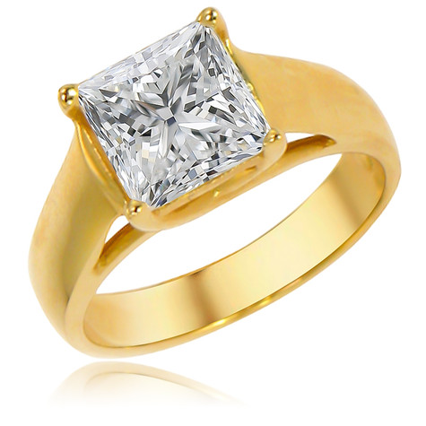Princess cut 1.5 carat laboratory grown diamond look cubic zirconia criss cross trellis style prong set solitaire engagement ring in 14k yellow gold.