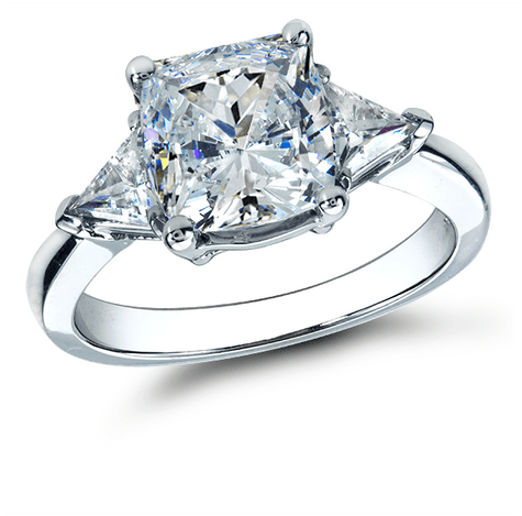 2.5 carat cushion cut square with trillions lab grown diamond alternative cubic zirconia three stone ring in 14k white gold.